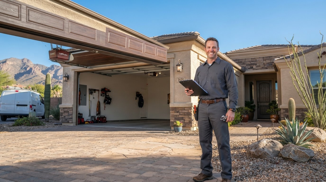 AZUSA Garage Doors technician beside an open residential garage door on a stucco home in Mesa, Arizona