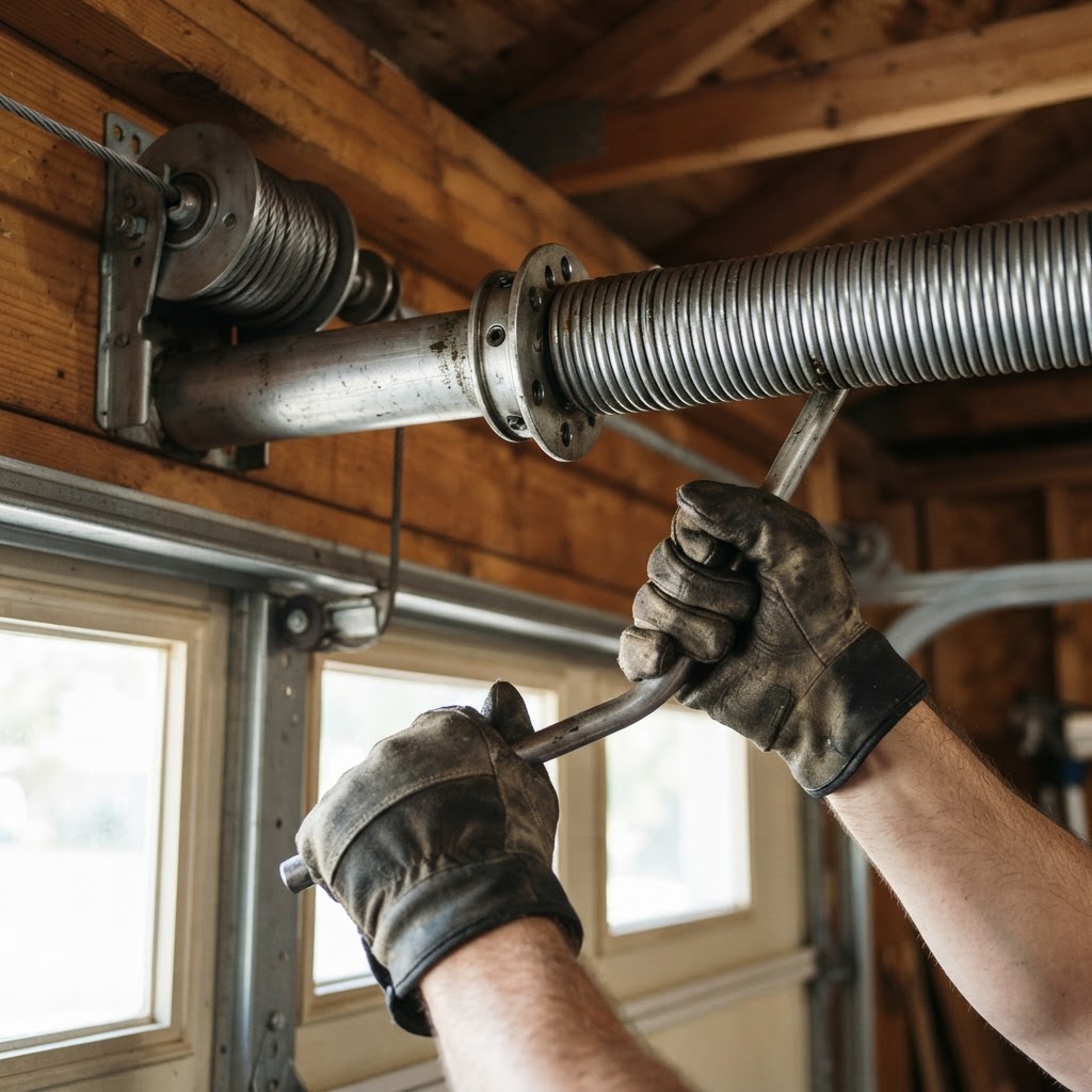 Garage door technician repairing a torsion spring on a residential garage door at a Buckeye, Arizona home