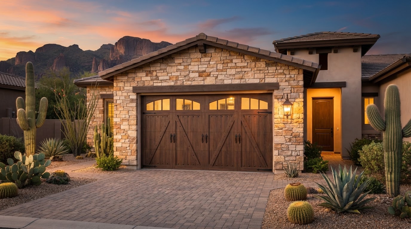 Brand new raised-panel insulated residential garage door installed on a stucco Southwestern home in Mesa AZ