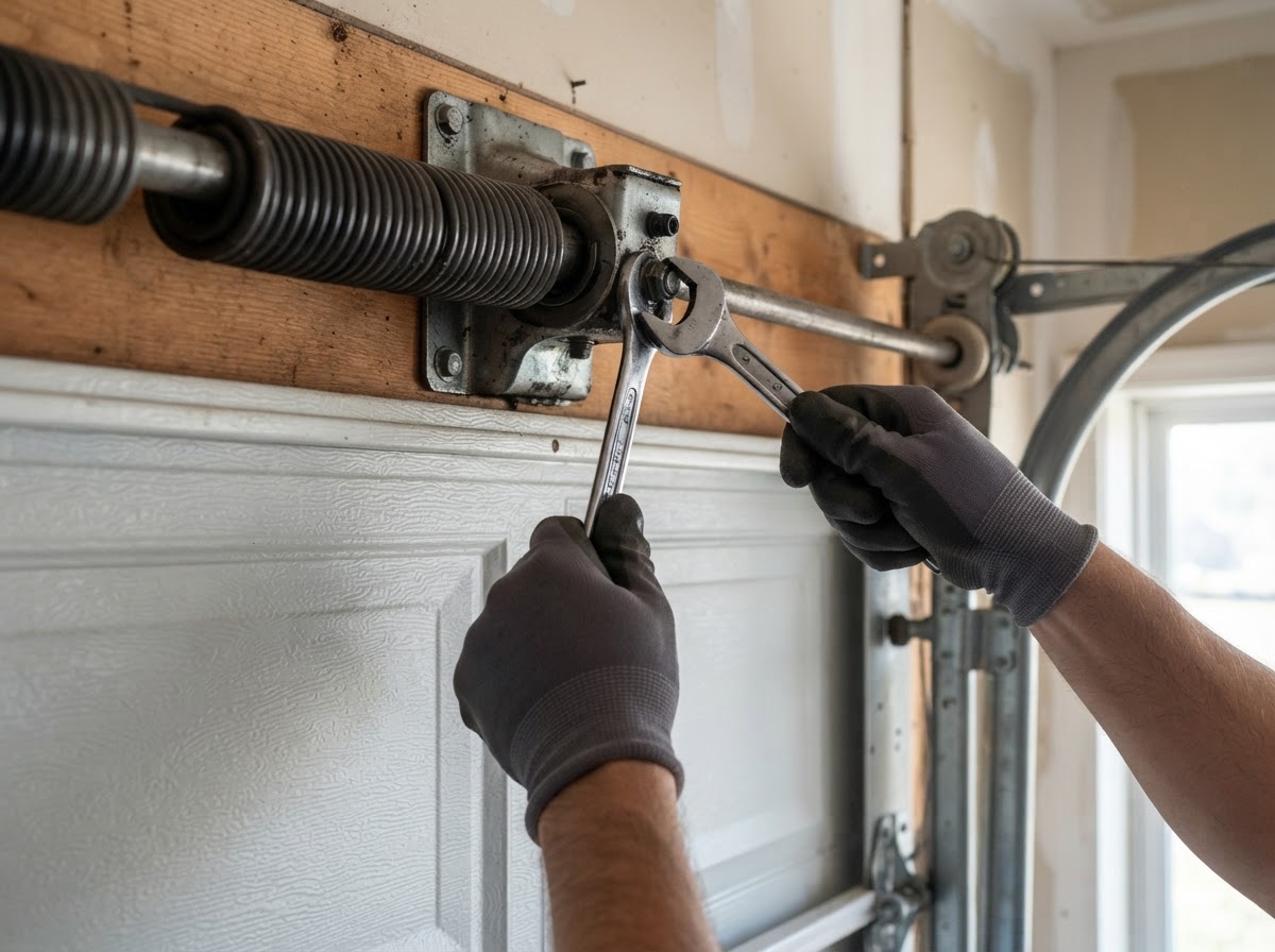 Garage door technician repairing a torsion spring on a residential garage door at a Gilbert, Arizona home