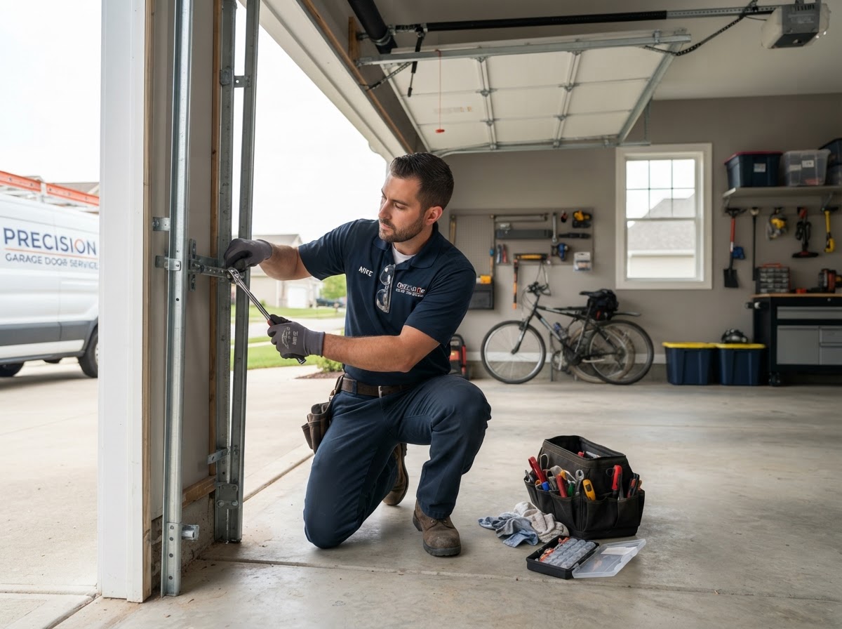 Technician inspecting and repairing residential garage door tracks and hardware in Mesa AZ