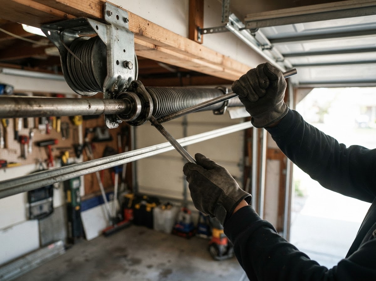Garage door technician repairing a torsion spring on a residential garage door at an Apache Junction, Arizona home