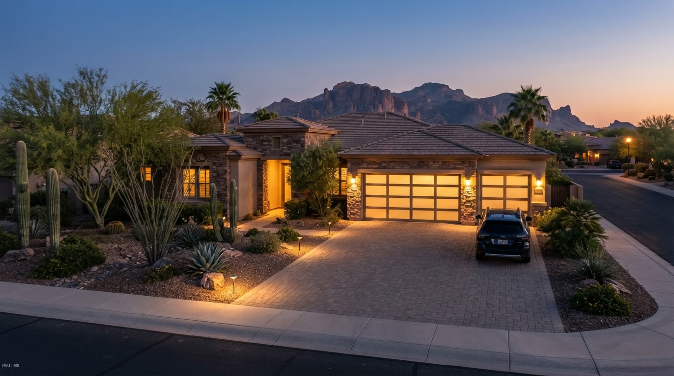 Scenic residential desert neighborhood in Mesa Phoenix Arizona with garage lighting