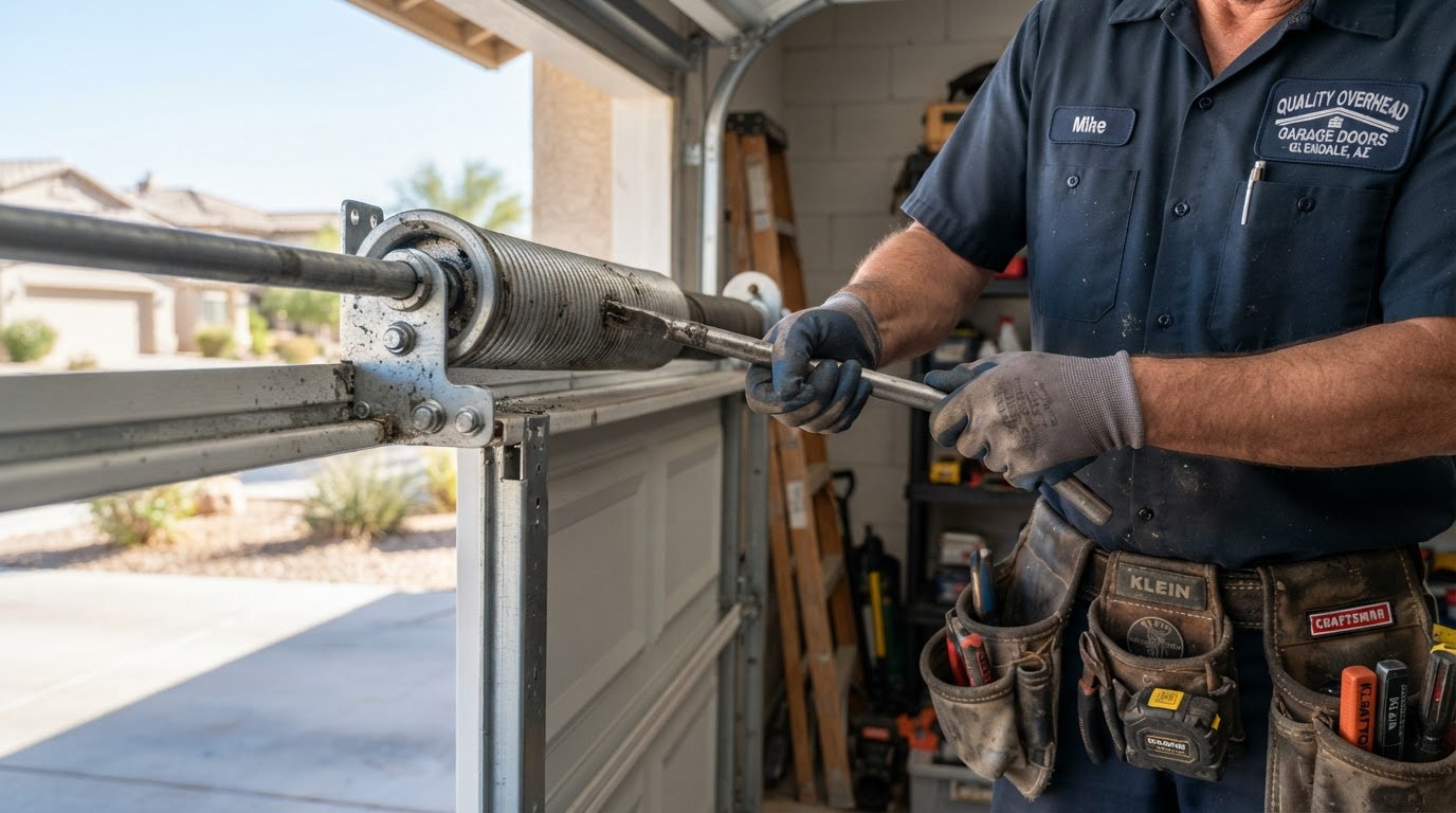 Garage door technician repairing a torsion spring on a residential garage door at a Glendale, Arizona home