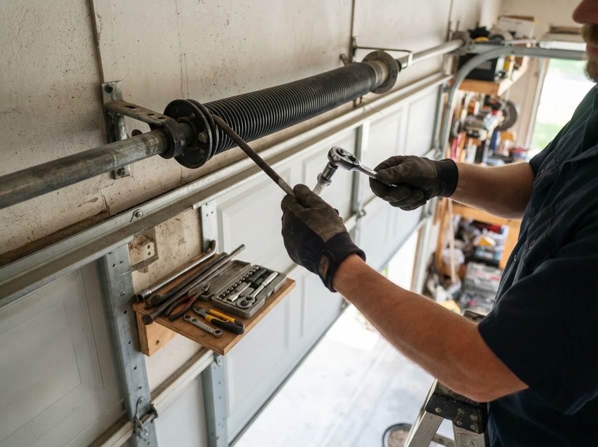 Garage door technician repairing a torsion spring on a residential garage door at a Chandler, Arizona home