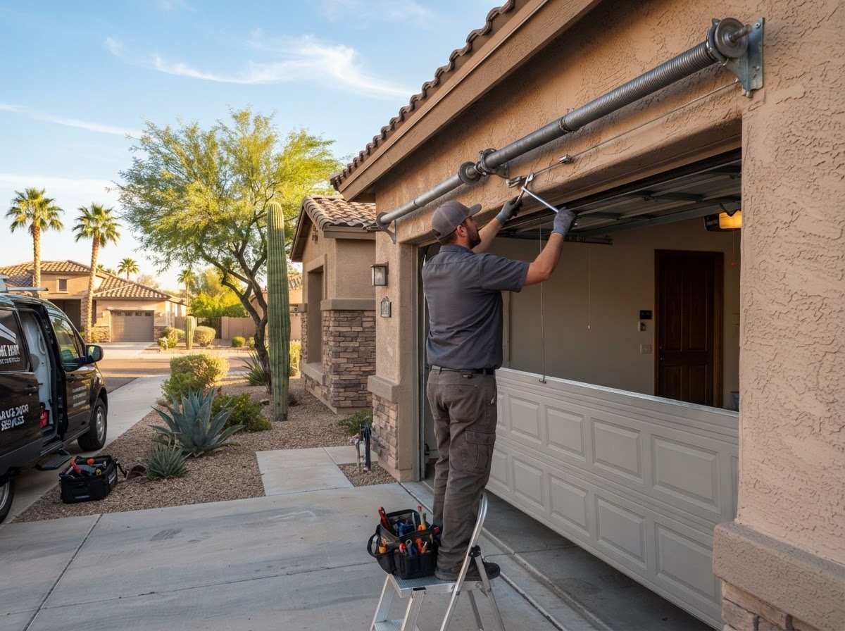 Garage door technician inspecting a torsion spring on a two-car garage door at a Mesa, Arizona home
