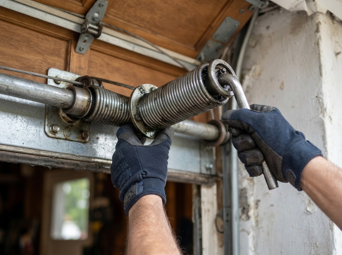 Garage door technician repairing a torsion spring on a residential garage door at a Goodyear, Arizona home