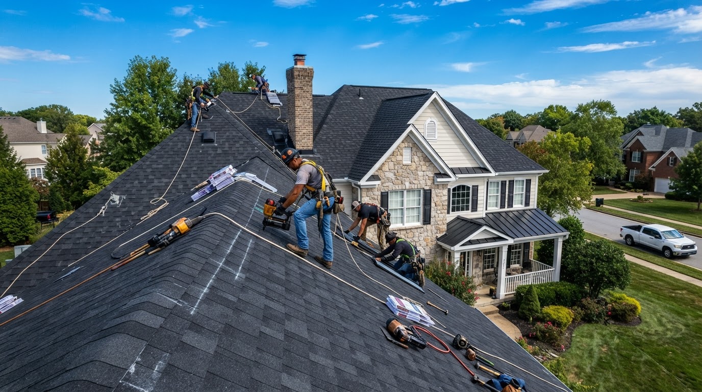 K-BAR-D Construction crew installing architectural roofing
