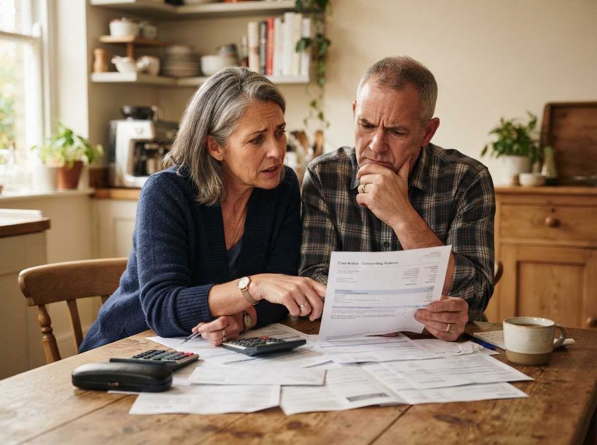 A couple at a kitchen table reviewing papers together