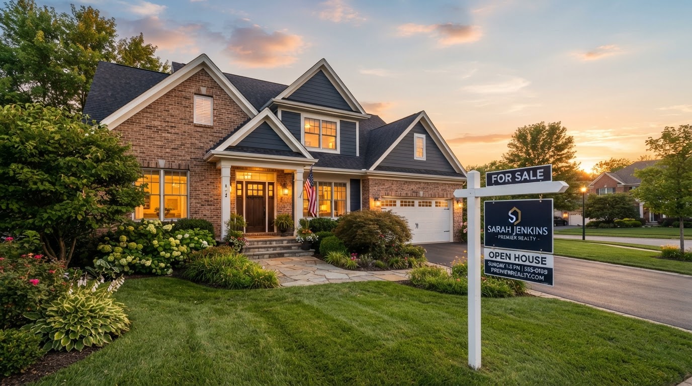 A single-family home with a for sale sign in the front yard at golden hour