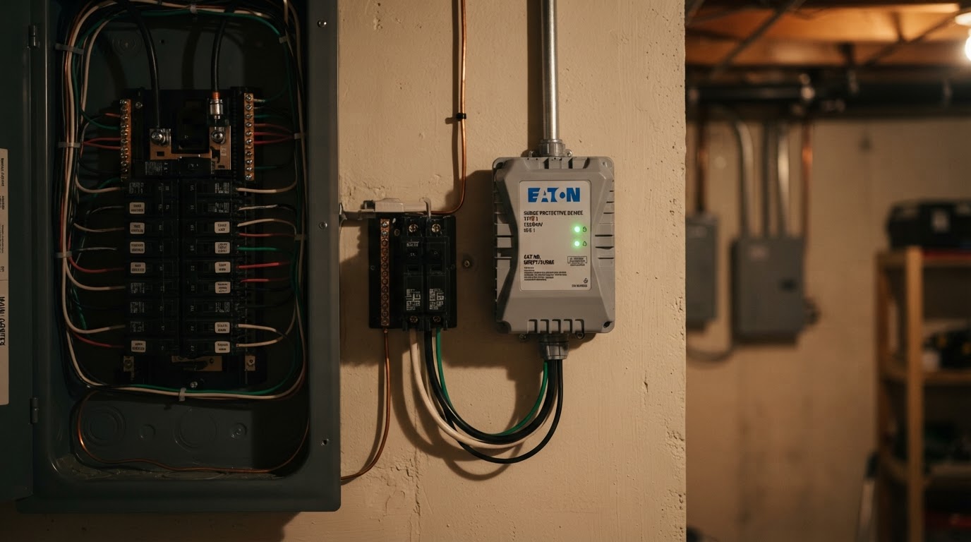 Whole home surge protector installed at a South Bend electrical panel