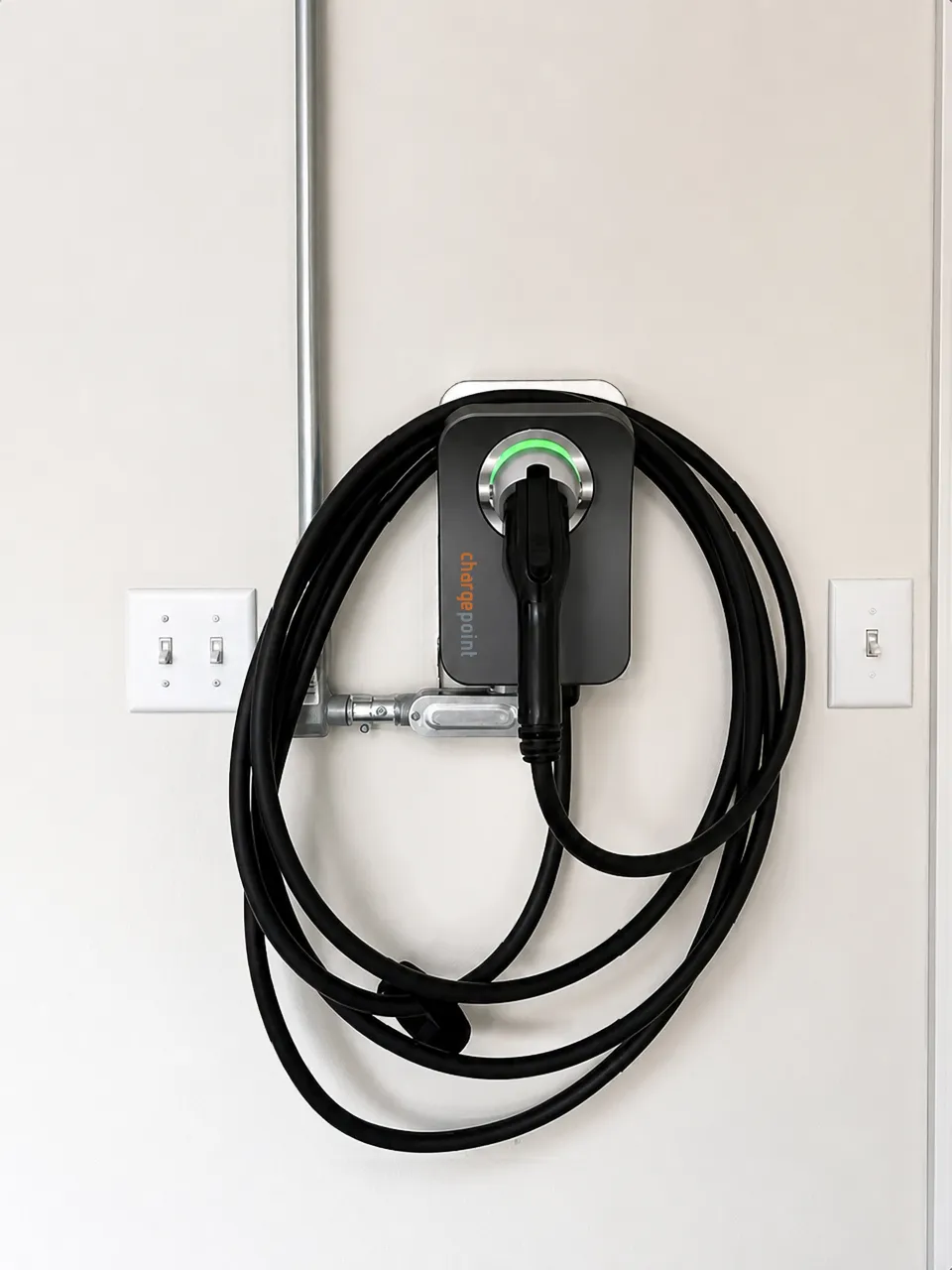 Wall mounted Level 2 EV charger on a dedicated circuit