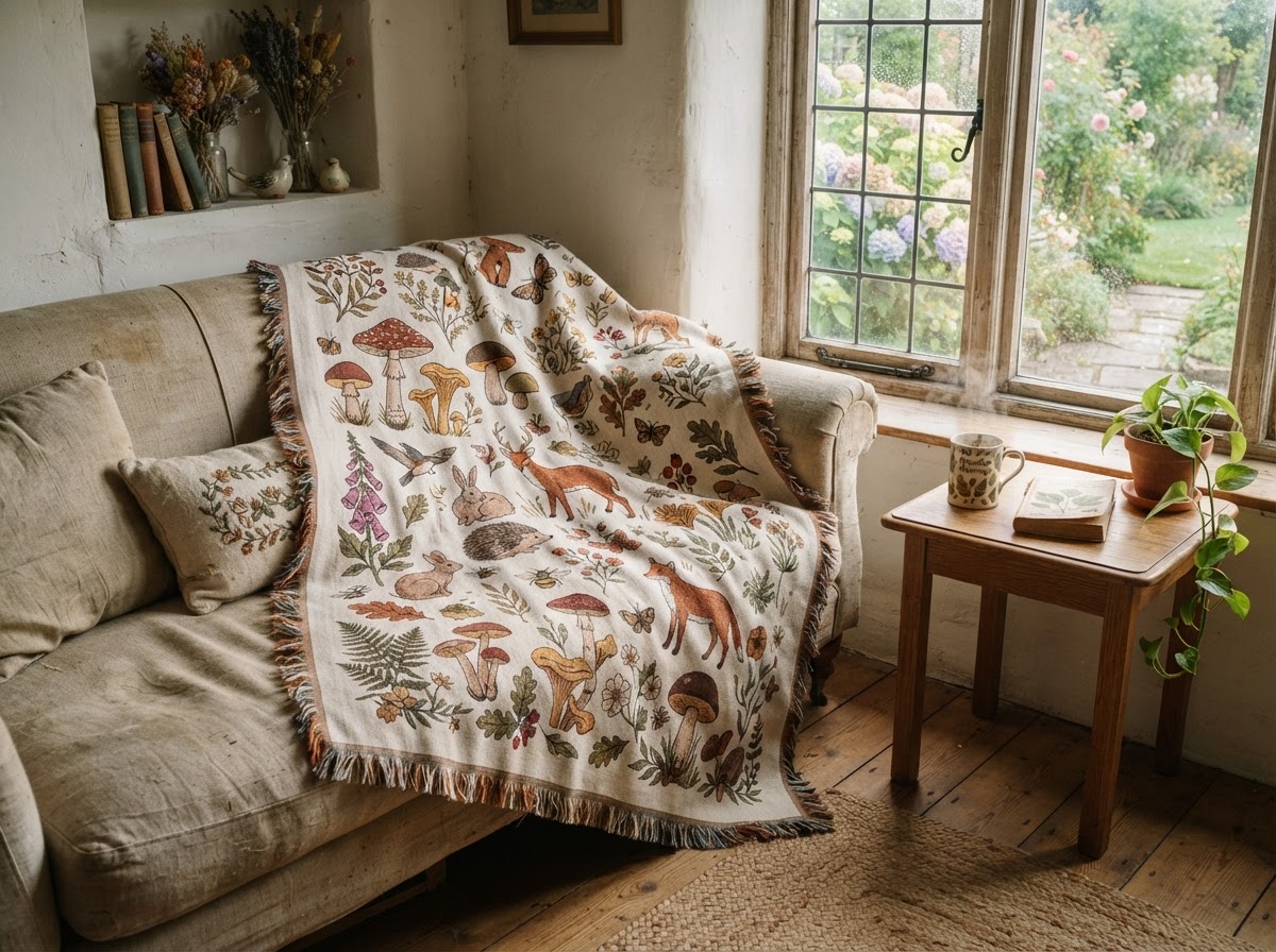 a cozy hand-drawn blanket draped on a couch