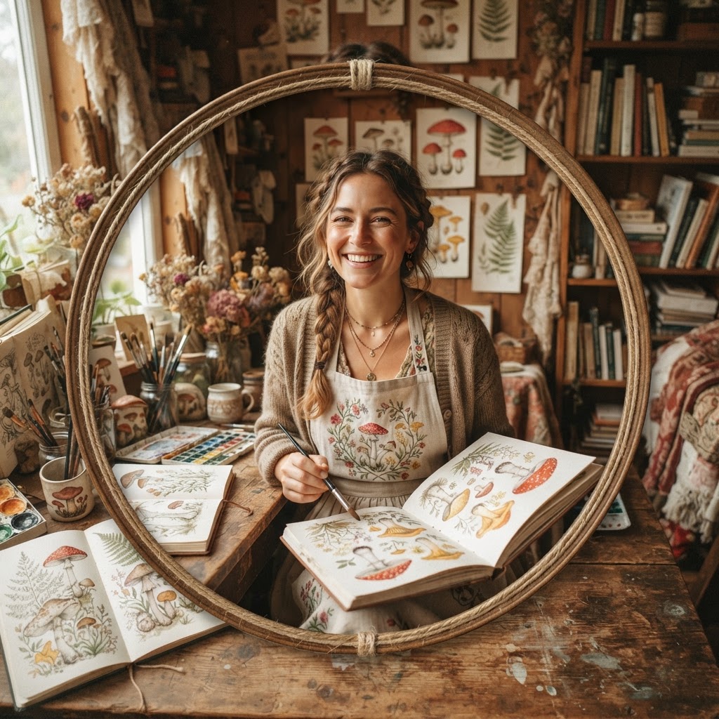 the maker holding her sketchbook