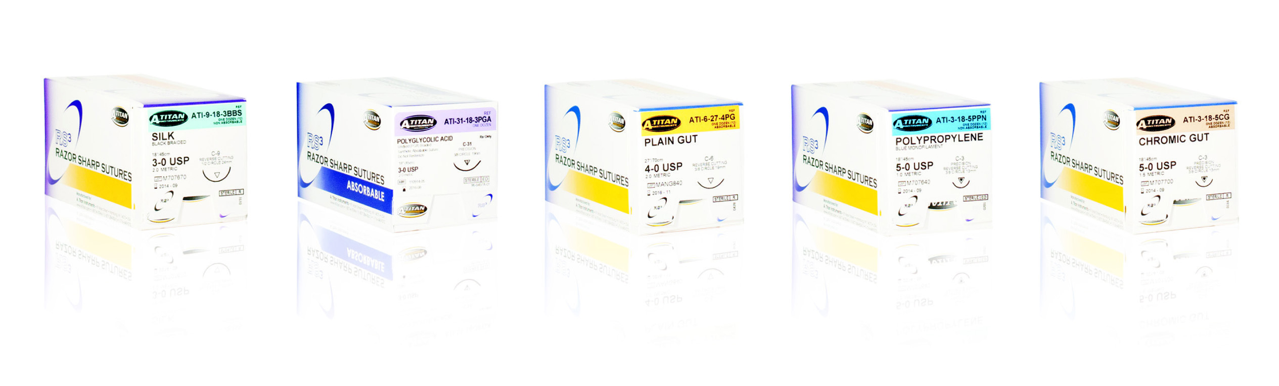 A.Titan RS3 Razor Sharp Sutures lineup: Silk, PGA, Plain Gut, Polypropylene, and Chromic Gut