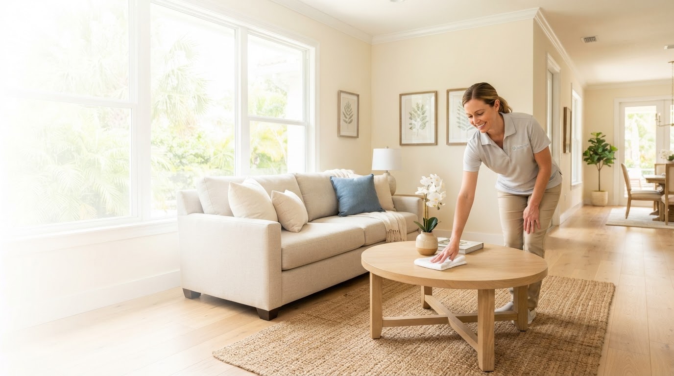 Top Cleaning Crew professional dusting a coffee table in a sunlit living room