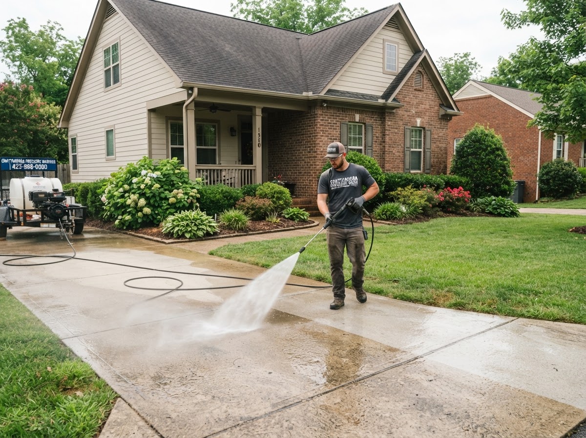 Pressure washing and soft washing cleaning a driveway and home siding in Chattanooga, TN