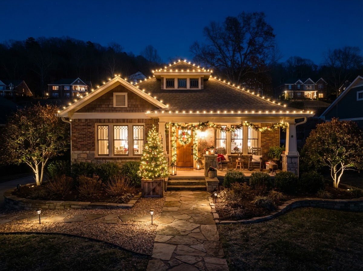 Professional holiday Christmas lights installation on a Chattanooga home
