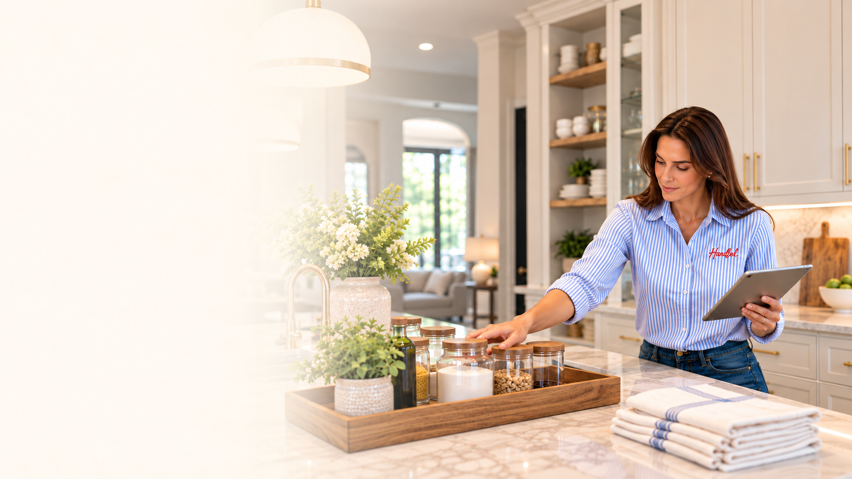 Handled Home Manager in signature blue-striped shirt reviewing household details on a tablet in an organized kitchen