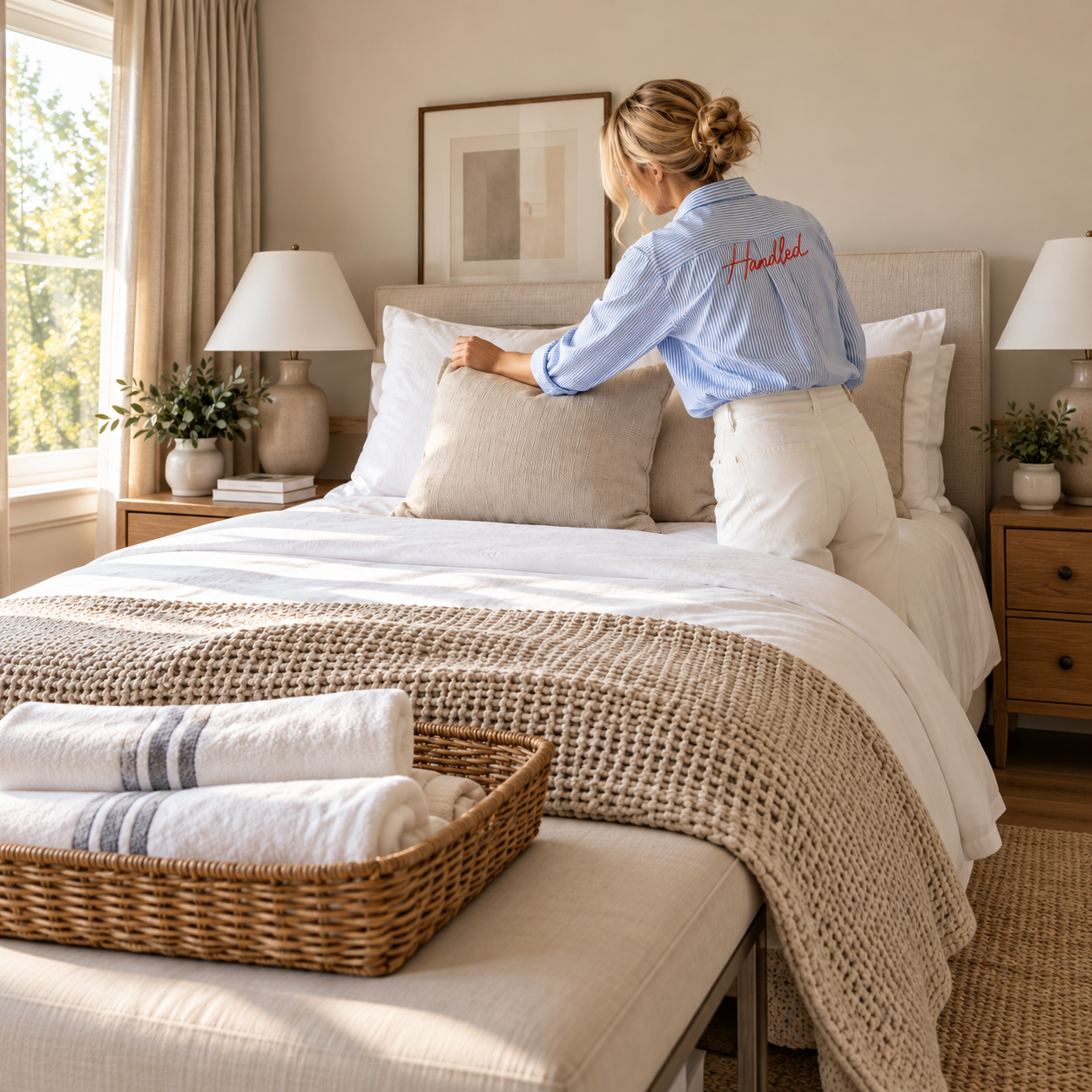 Handled Home Manager in blue-striped uniform making the bed with fresh towels