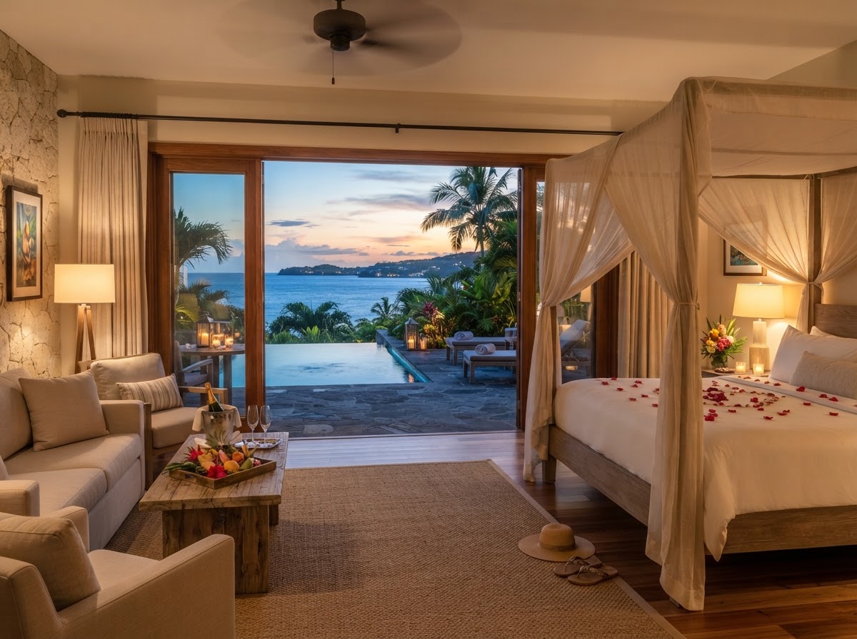Romantic Caribbean honeymoon sunset over the water