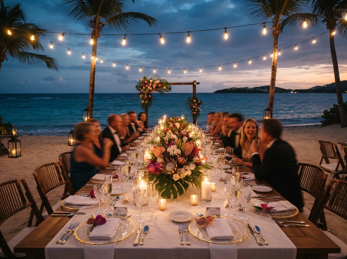 Elegant oceanfront wedding reception at dusk with candlelit tables by the Caribbean sea