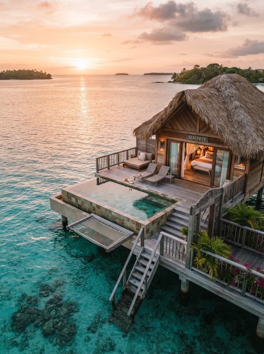 Luxury overwater bungalow with private plunge pool over turquoise Caribbean water at golden hour