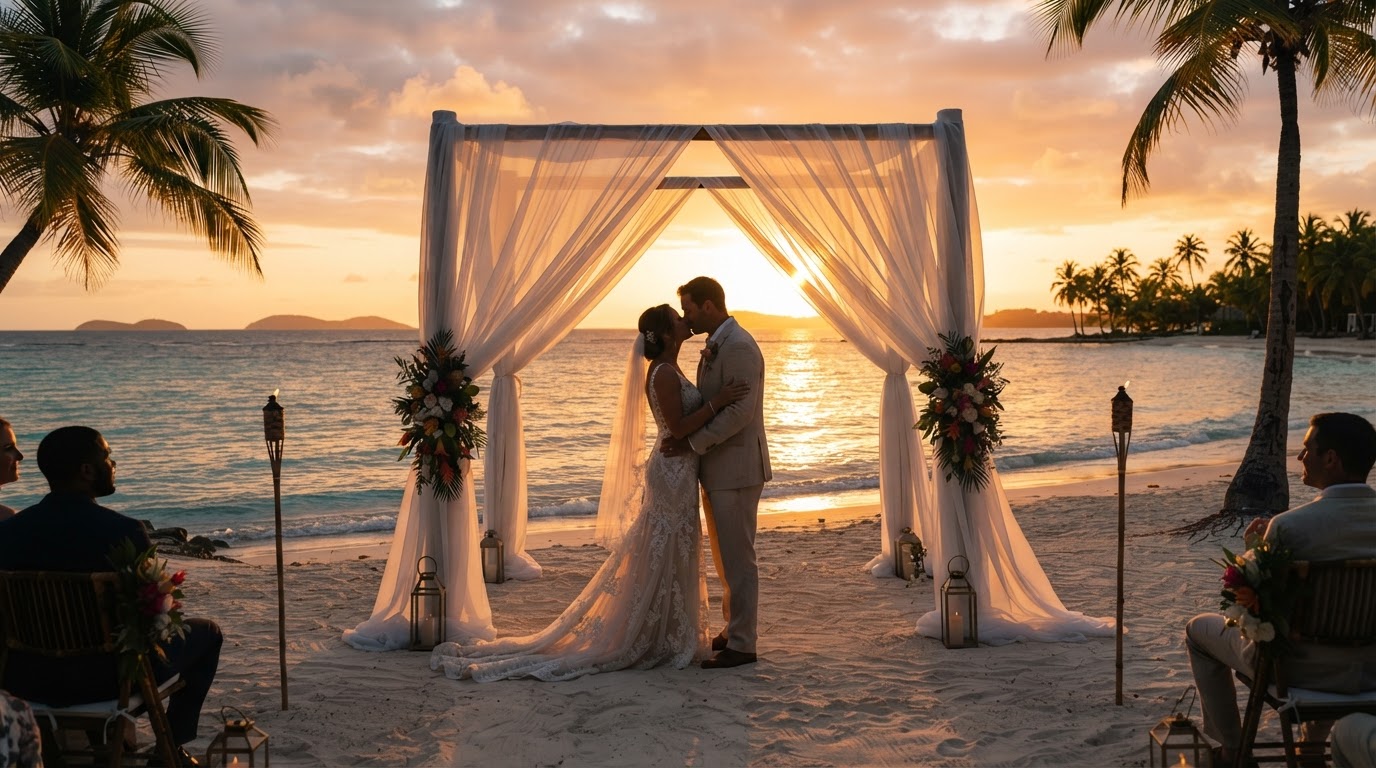 Caribbean sunset wedding on a white sand beach with sheer drapery