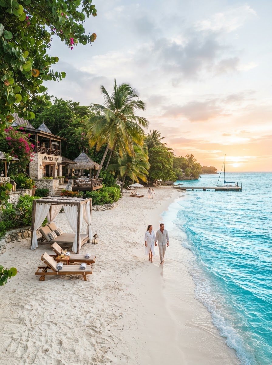 Jamaica beachfront Sandals resort with turquoise water and white sand
