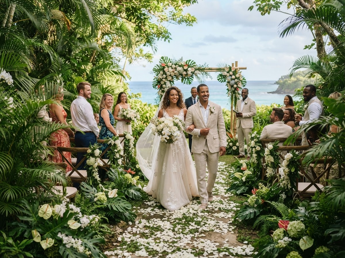 Tropical garden wedding with white florals and greenery in the Caribbean