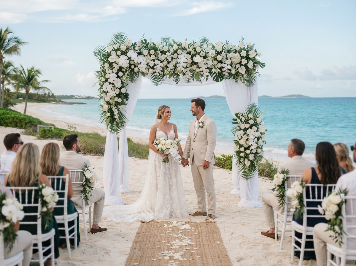 Elegant beachfront wedding ceremony with floral arch beside the Caribbean sea