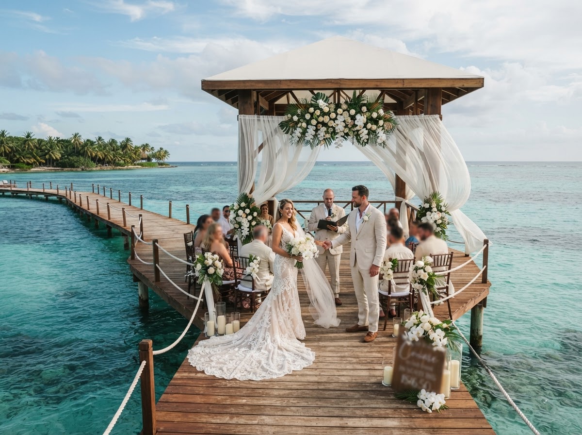 Overwater wedding chapel on the Caribbean with sheer drapery over turquoise water