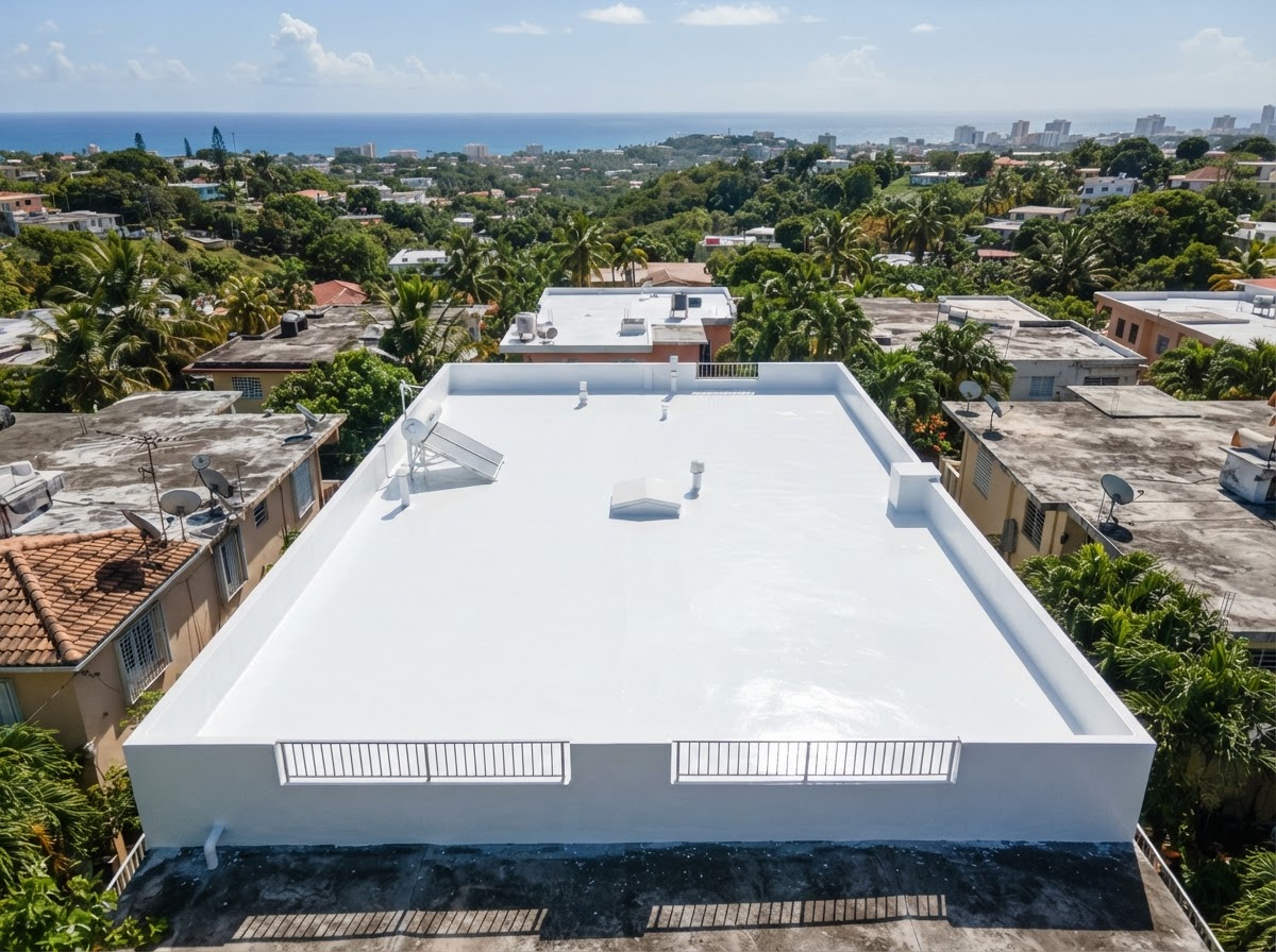 Flat roof after BullBond silicone coating, seamless and reflective