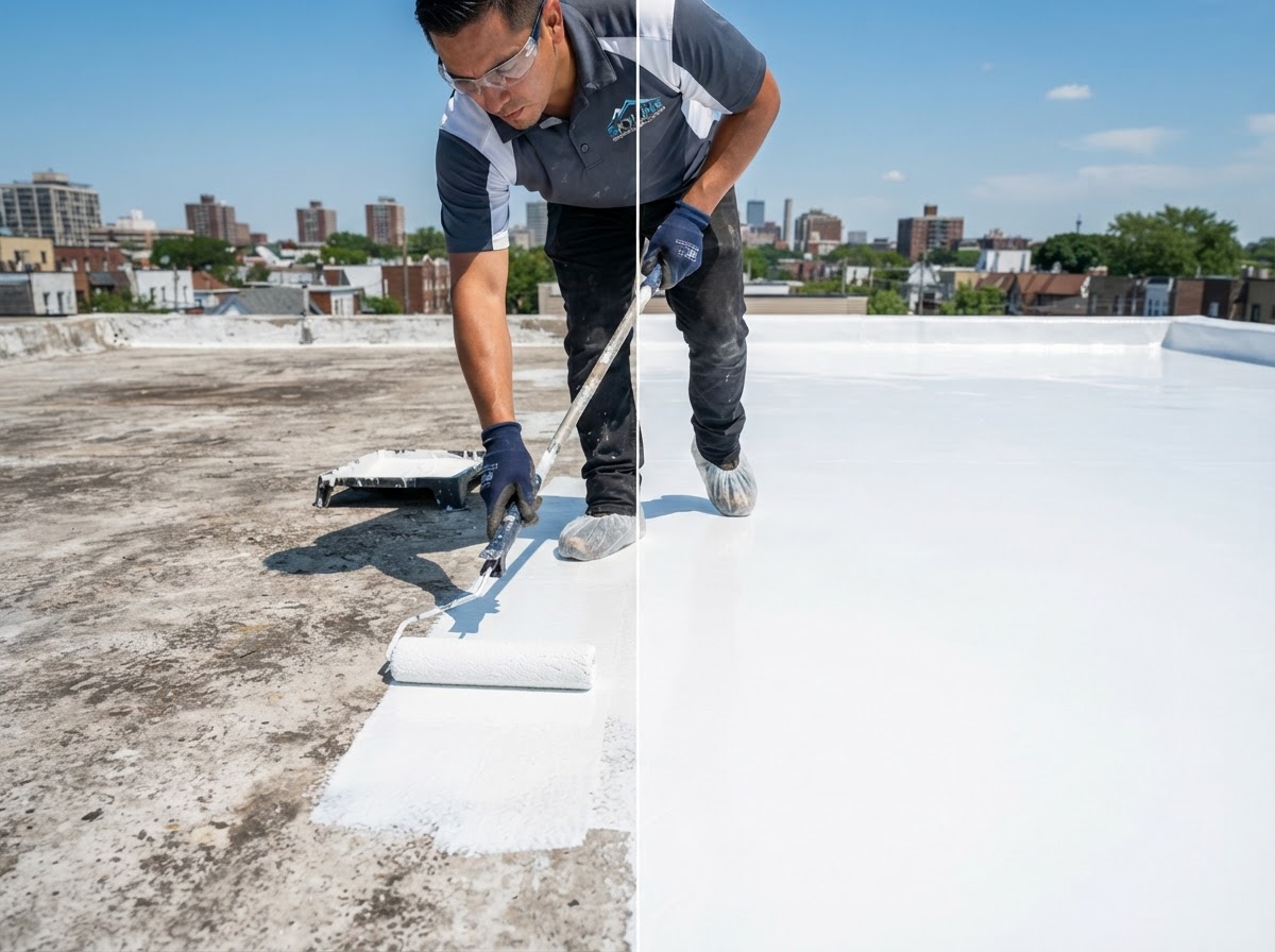 JW Contracting applying silicone roof coating to a flat Puerto Rico roof