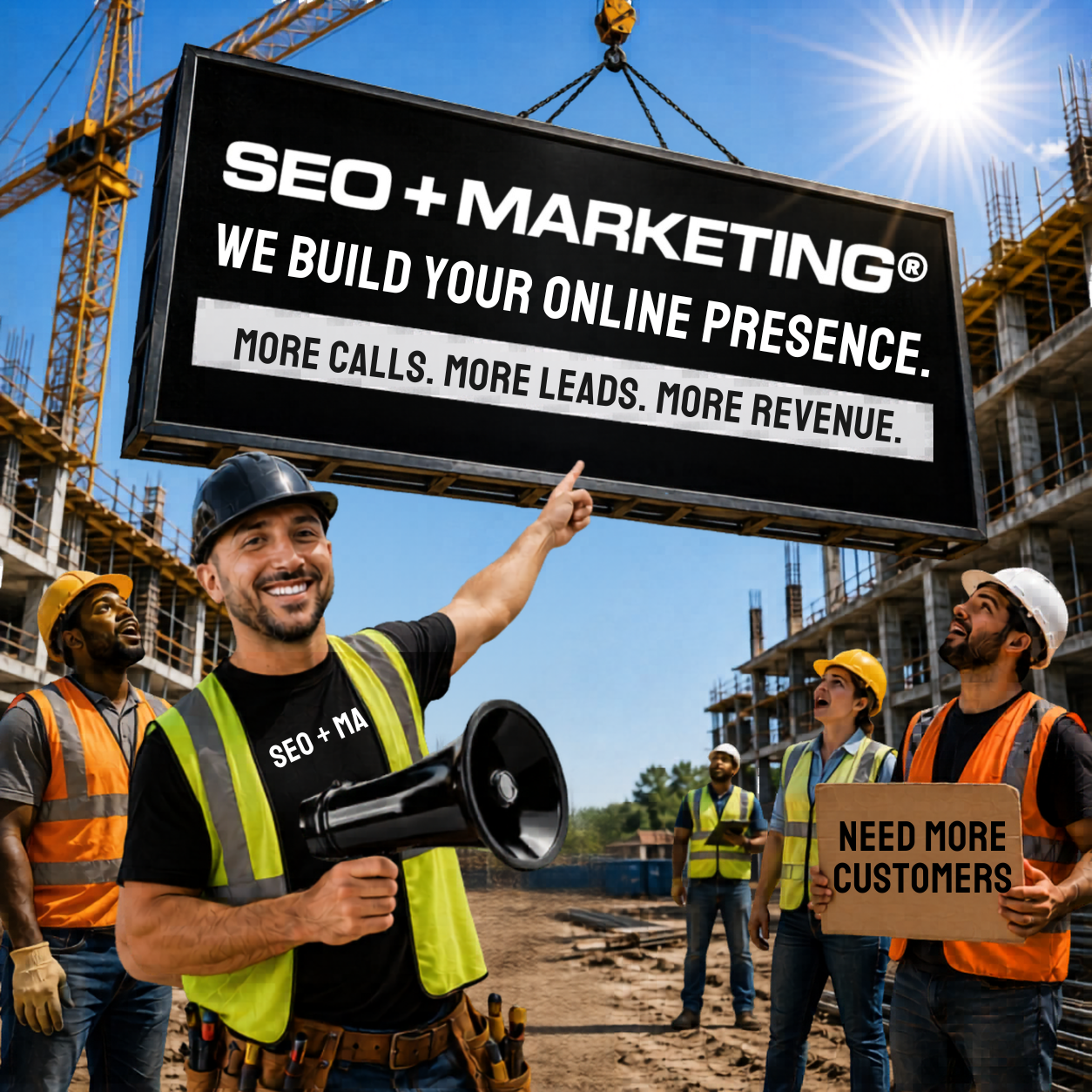 Amir Jetfari on site with SEO + MARKETING billboard: More Calls, More Leads, More Revenue