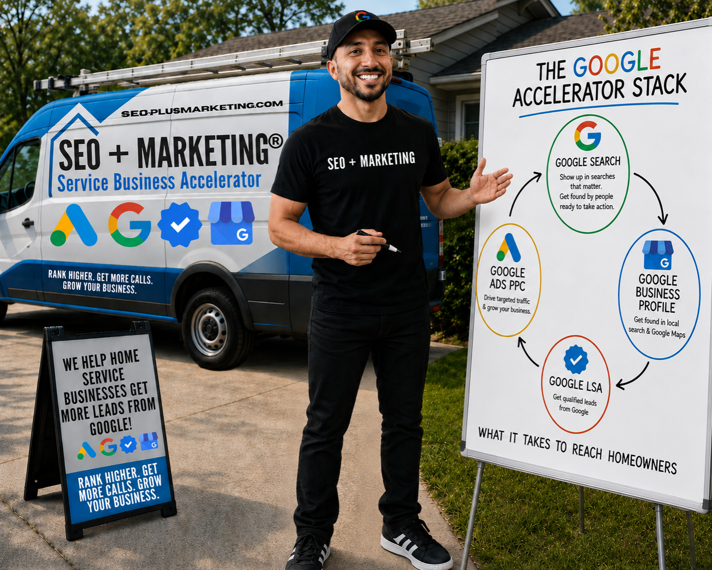 Amir Jetfari presenting The Google Accelerator Stack with SEO + MARKETING service vehicle