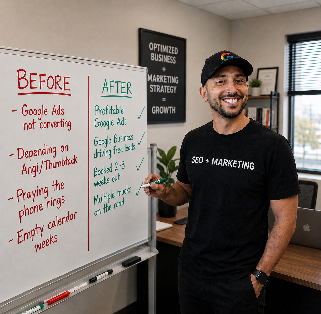 Amir Jetfari showing Before and After service business transformation on whiteboard