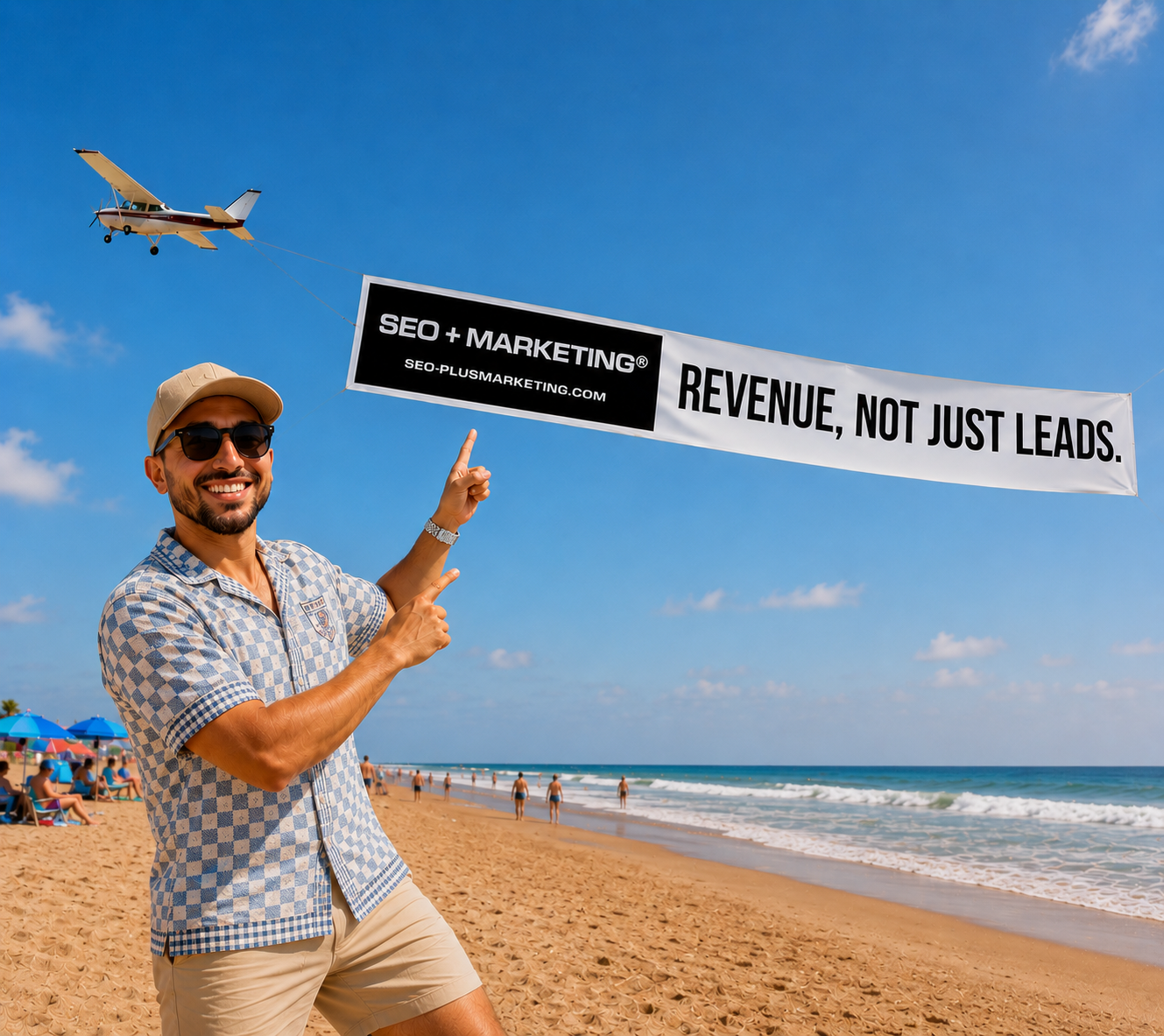 Amir Jetfari on the beach with SEO + MARKETING airplane banner: Revenue, Not Just Leads