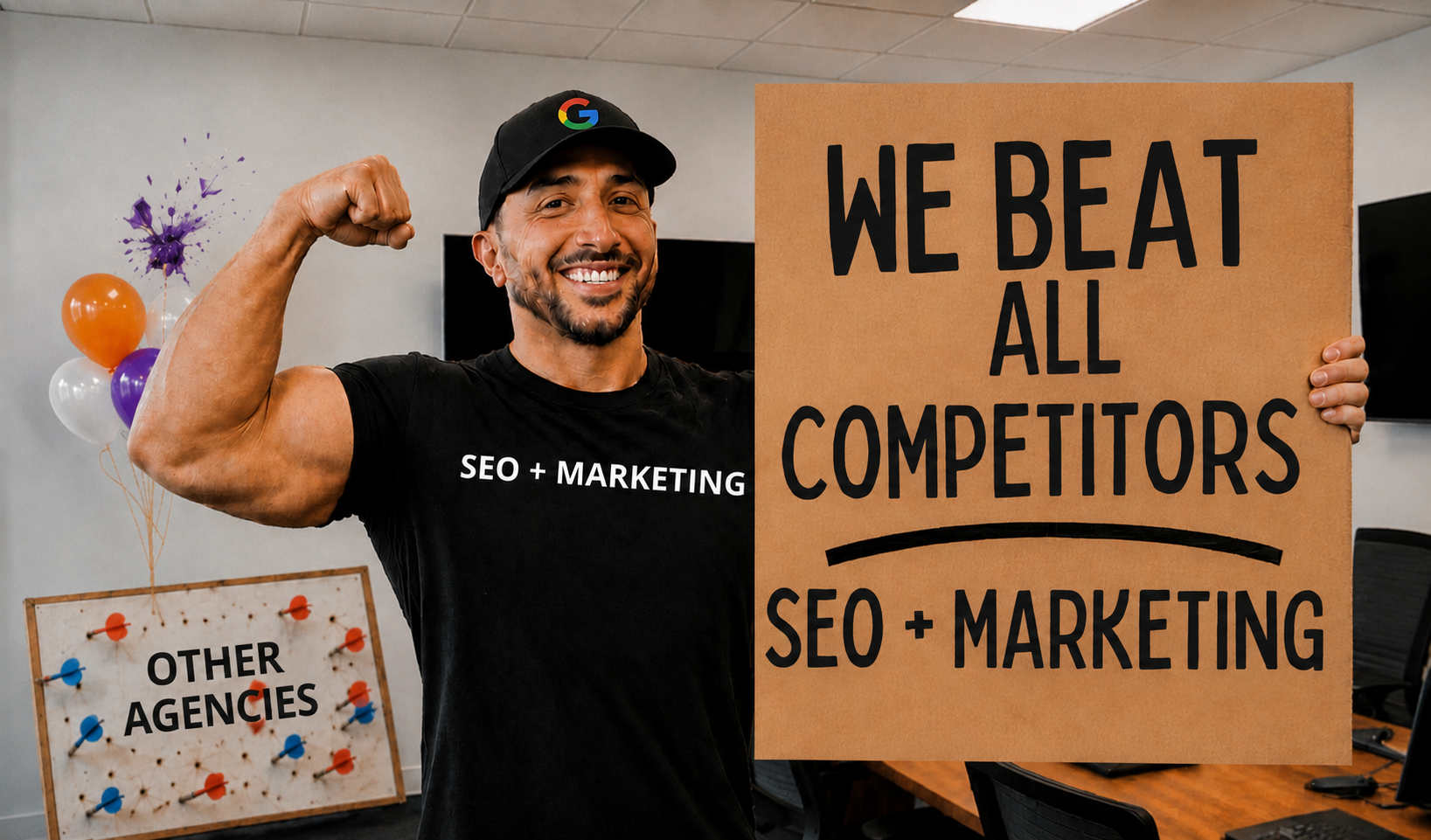 Amir Jetfari holding We Beat All Competitors sign in the SEO + MARKETING headquarters