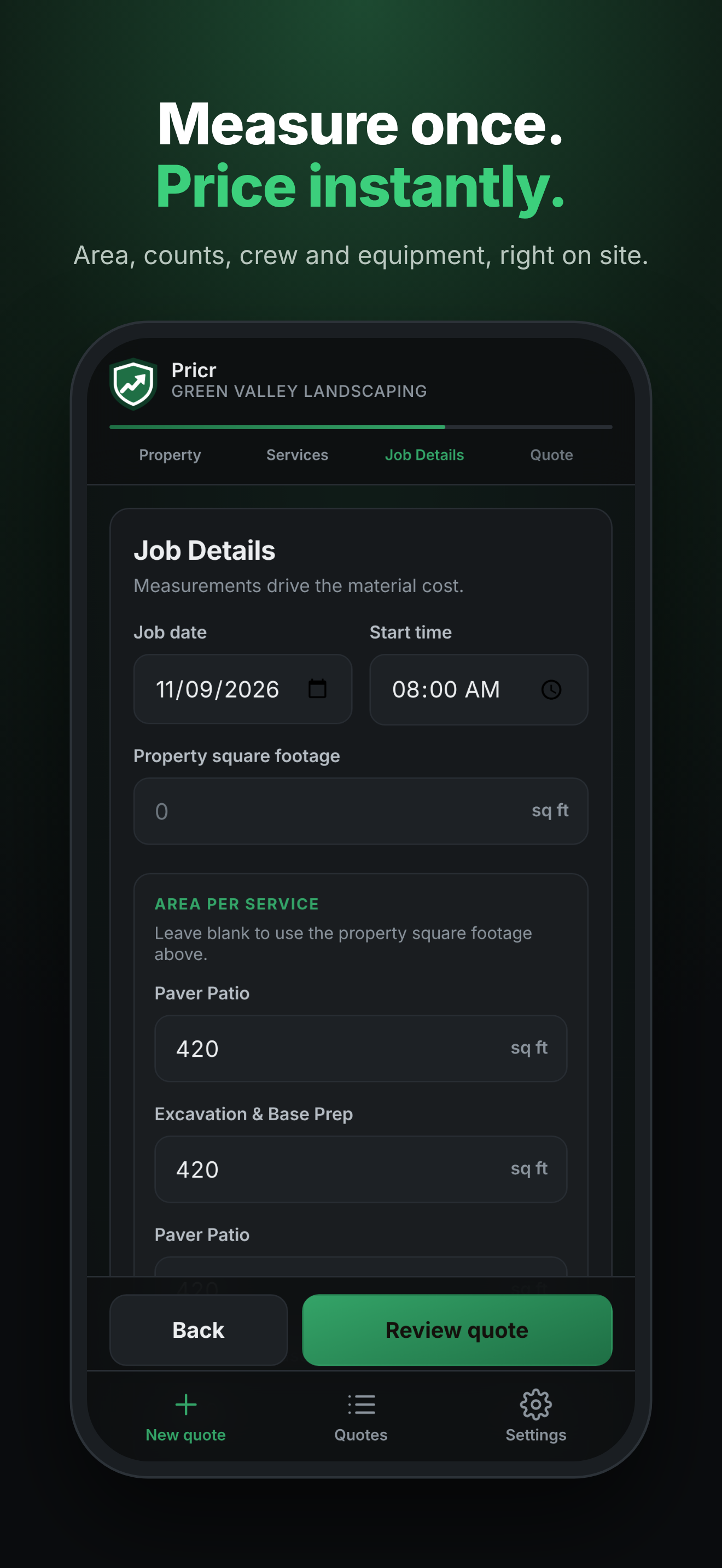 Pricr app: job details and measurements