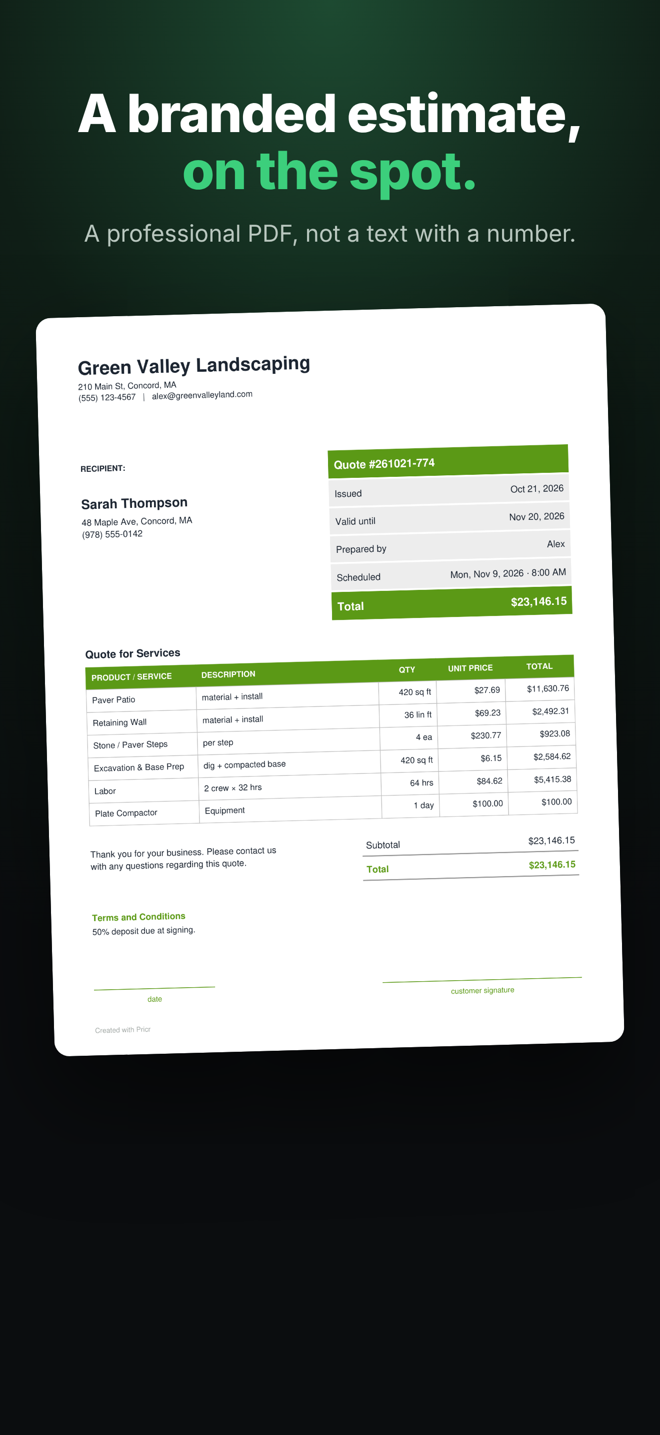 Pricr app: branded estimate PDF