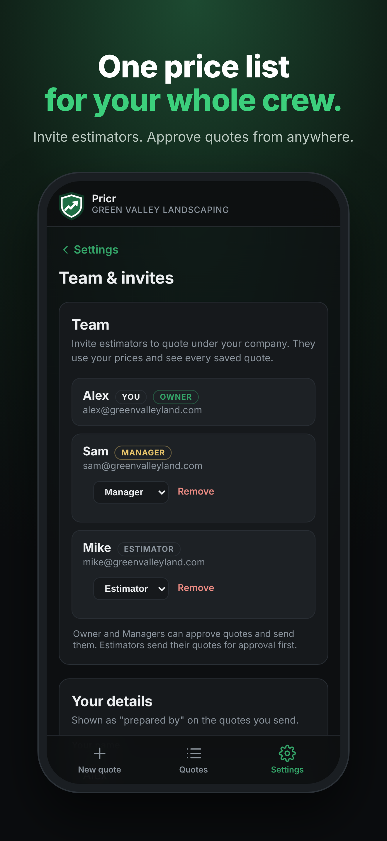 Pricr app: team and roles