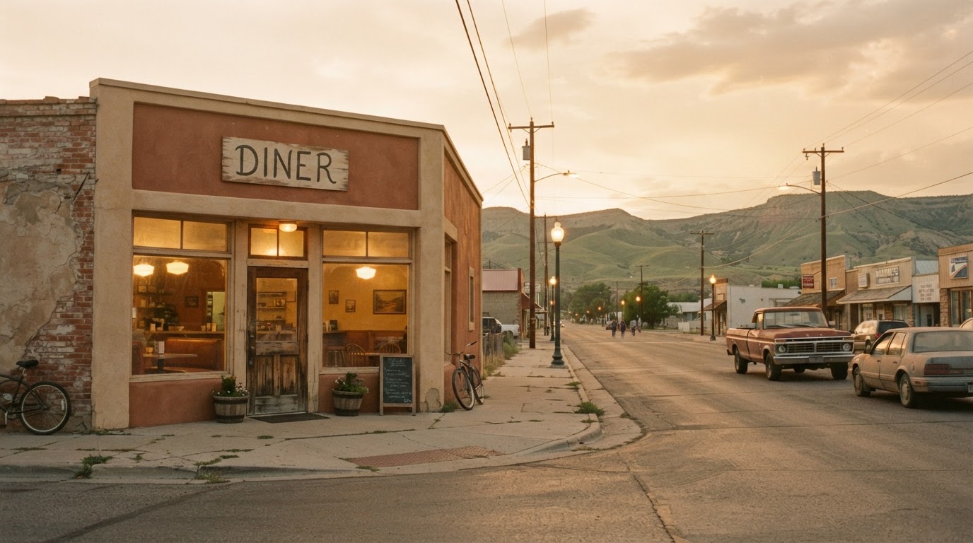 A warm small-town main street in the Uintah Basin near Vernal, Utah at golden hour