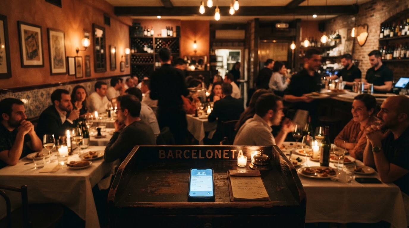 Comedor de un restaurante español durante el servicio, con luz cálida