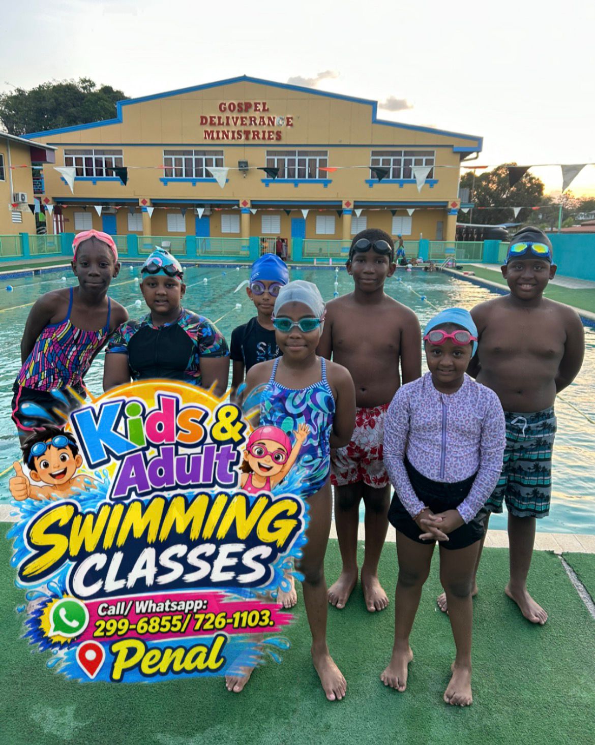 Kids and adult swimming class students smiling by the poolside at GDM Pool Penal