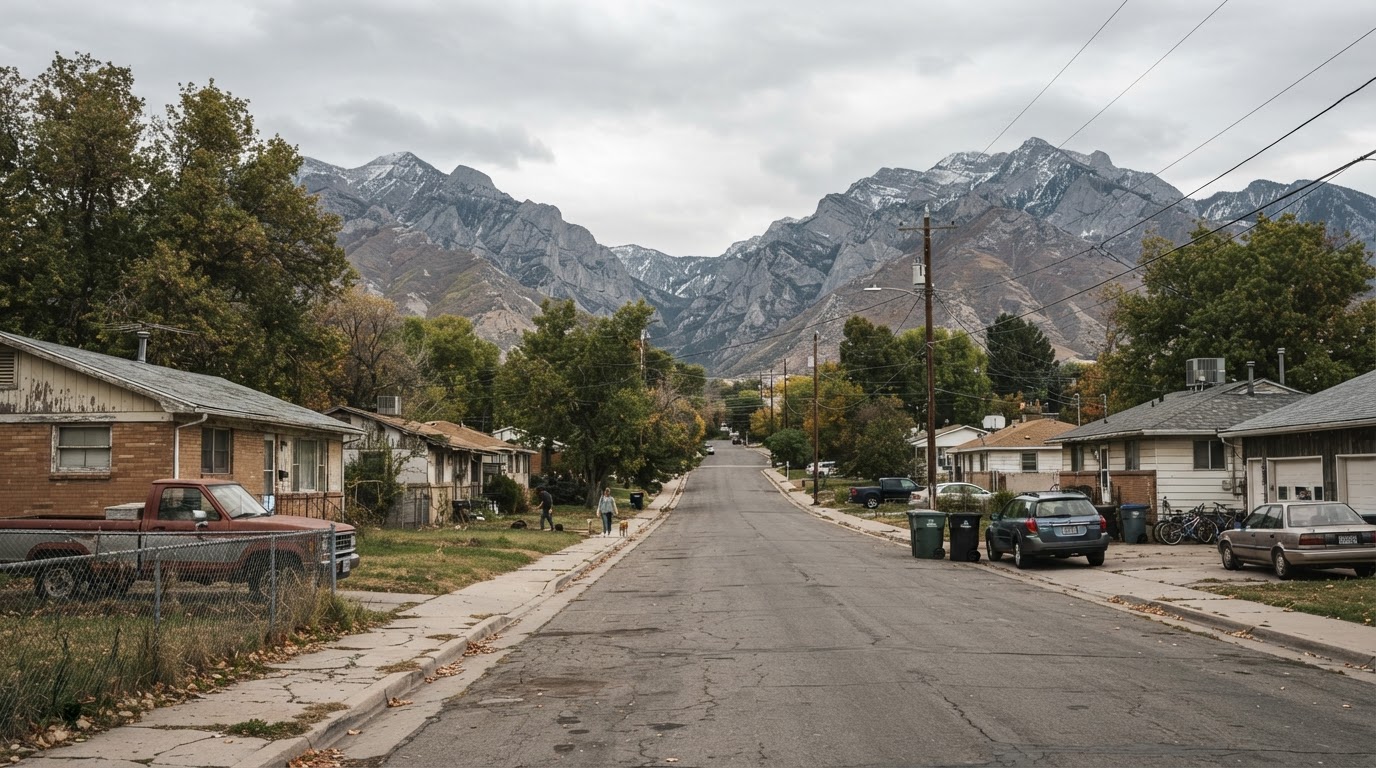 Northern Utah Wasatch Front valley with suburban neighborhoods and mountains