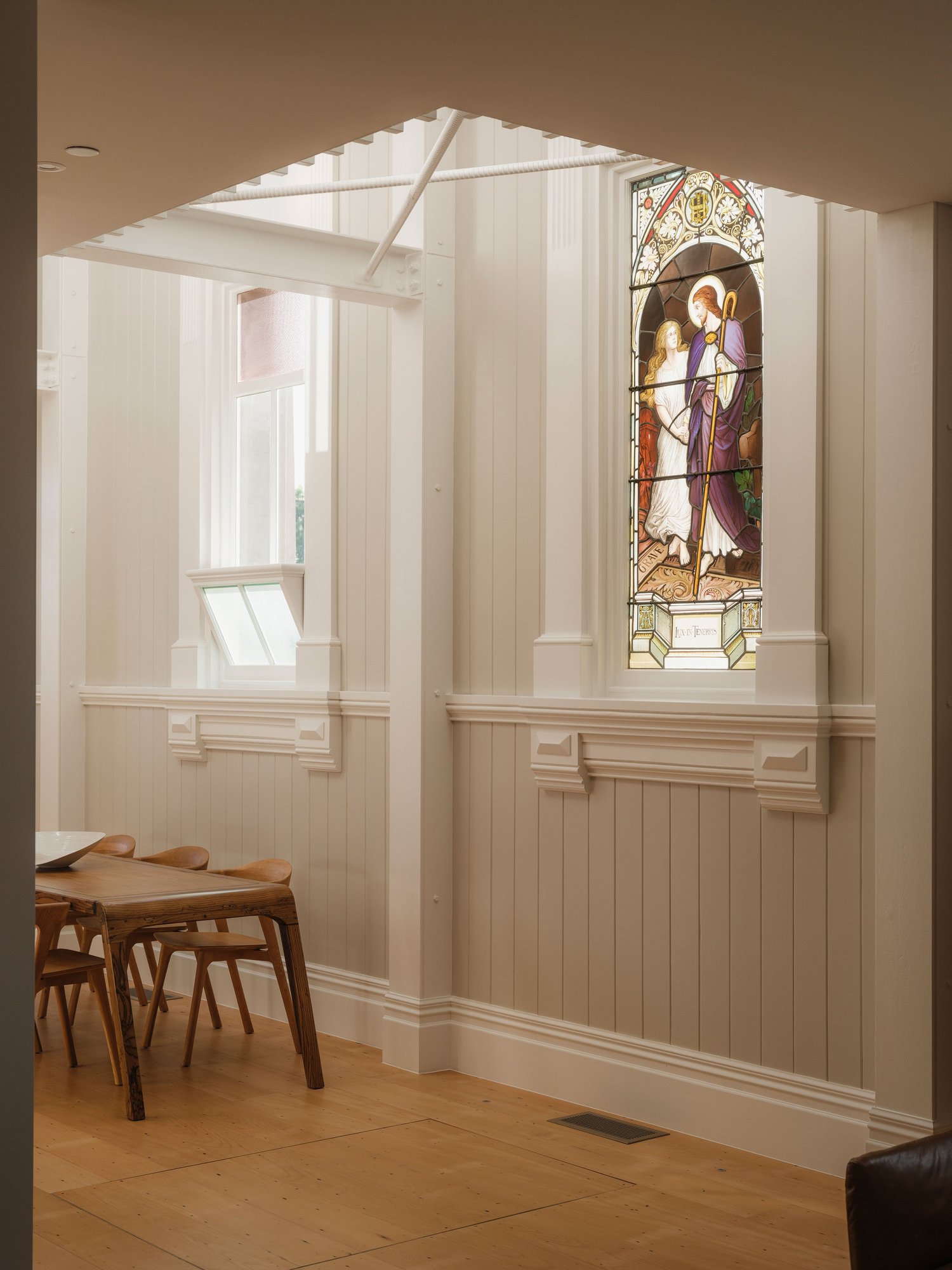 Original stained glass kept inside one of the Esplanade church apartments