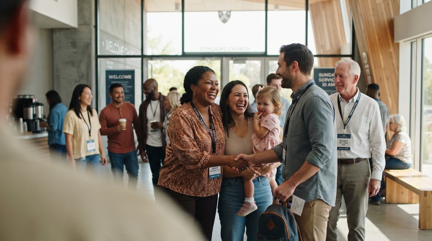 Church members warmly greeting and welcoming new visitors at a church entrance