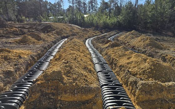 A long run of drainage pipe laid in an excavated trench