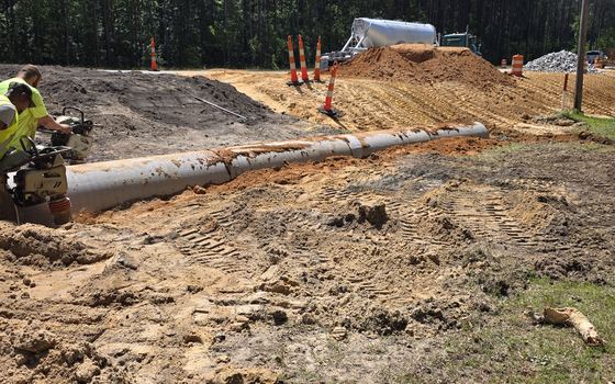 A finished gravel driveway running through South Carolina woodland